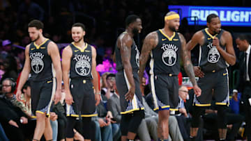 LOS ANGELES, CA - APRIL 4: Klay Thompson (11), Stephen Curry (30), Draymond Green (23), DeMarcus Cousins (0) and Kevin Durant (35) of the Golden State Warriors are seen during a game on April 4, 2019 at STAPLES Center in Los Angeles, California. NOTE TO USER: User expressly acknowledges and agrees that, by downloading and/or using this Photograph, user is consenting to the terms and conditions of the Getty Images License Agreement. Mandatory Copyright Notice: Copyright 2019 NBAE (Photo by Chris Elise/NBAE via Getty Images)