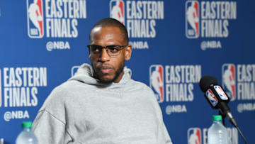 TORONTO, CANADA - MAY 25: Khris Middleton #22 of the Milwaukee Bucks speaks with the media after the game during Game Six of the Eastern Conference Finals on May 25, 2019 at Scotiabank Arena in Toronto, Ontario, Canada. NOTE TO USER: User expressly acknowledges and agrees that, by downloading and/or using this photograph, user is consenting to the terms and conditions of the Getty Images License Agreement. Mandatory Copyright Notice: Copyright 2019 NBAE (Photo by Ron Turenne/NBAE via Getty Images)