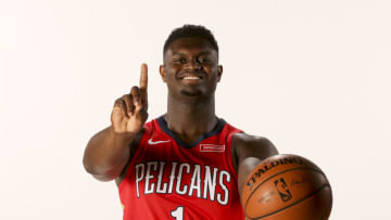 NEW ORLEANS, LA - JUNE 21: Zion Williamson #1 of the New Orleans Pelicans poses for a portrait on June 21, 2019 at the Ochsner Sports Performance Center in New Orleans, Louisiana. NOTE TO USER: User expressly acknowledges and agrees that, by downloading and or using this Photograph, user is consenting to the terms and conditions of the Getty Images License Agreement. Mandatory Copyright Notice: Copyright 2019 NBAE (Photo by Layne Murdoch/NBAE via Getty Images