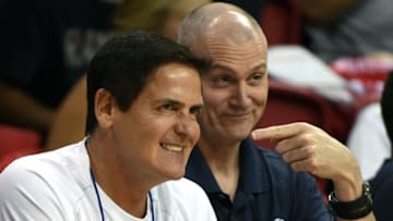 LAS VEGAS, NV - JULY 08: Dallas Mavericks owner Mark Cuban (L) and head coach Rick Carlisle joke around as they watch the Mavericks take on the Chicago Bulls during a 2017 Summer League game at the Thomas