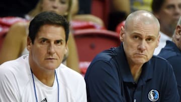 LAS VEGAS, NV - JULY 08: Dallas Mavericks owner Mark Cuban (L) and head coach Rick Carlisle watch the Mavericks take on the Chicago Bulls during a 2017 Summer League game at the Thomas & Mack Center on July 8, 2017 in Las Vegas, Nevada. Dallas won 91-75. NOTE TO USER: User expressly acknowledges and agrees that, by downloading and or using this photograph, User is consenting to the terms and conditions of the Getty Images License Agreement. (Photo by Ethan Miller/Getty Images)