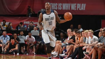 LAS VEGAS, NV - JULY 9: Dorian Finney-Smith #10 of the Dallas Mavericks handles the ball during the game against the Phoenix Suns during the 2017 Summer League on July 9, 2017 at the Thomas & Mack Center in Las Vegas, Nevada. NOTE TO USER: User expressly acknowledges and agrees that, by downloading and or using this Photograph, user is consenting to the terms and conditions of the Getty Images License Agreement. Mandatory Copyright Notice: Copyright 2017 NBAE (Photo by Garrett Ellwood/NBAE via Getty Images)