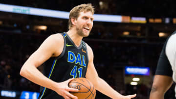 CLEVELAND, OH - APRIL 1: Dirk Nowitzki #41 of the Dallas Mavericks argues a call during the second half against the Cleveland Cavaliers at Quicken Loans Arena on April 1, 2018 in Cleveland, Ohio. The Cavaliers defeated the Mavericks 98-87. NOTE TO USER: User expressly acknowledges and agrees that, by downloading and or using this photograph, User is consenting to the terms and conditions of the Getty Images License Agreement. (Photo by Jason Miller/Getty Images)