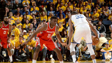 OAKLAND, CA - MAY 20: Clint Capela #15 of the Houston Rockets plays defense against the Golden State Warriors in Game Three of the Western Conference Finals of the 2018 NBA Playoffs on May 20, 2018 at ORACLE Arena in Oakland, California. NOTE TO USER: User expressly acknowledges and agrees that, by downloading and or using this photograph, user is consenting to the terms and conditions of Getty Images License Agreement. Mandatory Copyright Notice: Copyright 2018 NBAE (Photo by Noah Graham/NBAE via Getty Images)