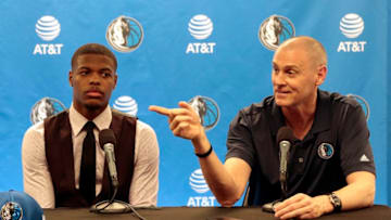 DALLAX, TX - JUNE 23: Rick Carlisle of the Dallas Mavericks introduce their 2017 draft pick Dennis Smith Jr. during at a press conference on June 23, 2017 at American Airlines Center in Dallas, TX. NOTE TO USER: User expressly acknowledges and agrees that, by downloading and or using this photograph, User is consenting to the terms and conditions of the Getty Images License Agreement. Mandatory Copyright Notice: Copyright 2017 NBAE (Photo by Glen James/NBAE via Getty Images)