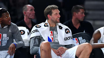 JOHANNESBURG, SOUTH AFRICA - AUGUST 5: Dirk Nowitzki #41 of Team World looks on during the game against Team Africa in the 2017 Africa Game as part of the Basketball Without Borders Africa at the Ticketpro Dome on August 5, 2017 in Gauteng province of Johannesburg, South Africa. NOTE TO USER: User expressly acknowledges and agrees that, by downloading and or using this photograph, User is consenting to the terms and conditions of the Getty Images License Agreement. Mandatory Copyright Notice: Copyright 2017 NBAE (Photo by Andrew D. Bernstein/NBAE via Getty Images)
