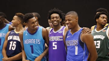 TARRYTOWN, NY - AUGUST 11: Malik Monko, DeAaron Fox and Dennis Smith Jr. of the Sacramento Kings behind the scenes during the 2017 NBA Rookie Photo Shoot at MSG training center on August 11, 2017 in Tarrytown, New York. NOTE TO USER: User expressly acknowledges and agrees that, by downloading and or using this photograph, User is consenting to the terms and conditions of the Getty Images License Agreement. (Photo by Michelle Farsi/Getty Images)