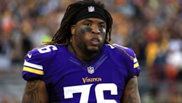 Aug 9, 2015; Canton, OH, USA; Minnesota Vikings guard Isame Faciane (76) against the Pittsburgh Steelers at Tom Benson Hall of Fame Stadium. Mandatory Credit: Andrew Weber-USA TODAY Sports