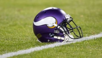 Jan 3, 2016; Green Bay, WI, USA; An Minnesota Vikings helmet during warmups prior to the game against the Green Bay Packers at Lambeau Field. Minnesota won 20-13. Mandatory Credit: Jeff Hanisch-USA TODAY Sports