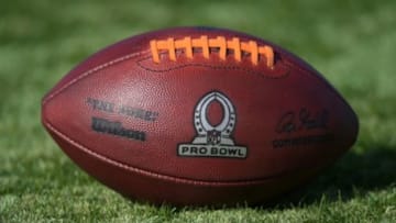Jan 23, 2015; Scottsdale, AZ, USA; General view of Wilson football with the Pro Bowl logo at Team Irvin practice at Scottsdale Community College in advance of the 2015 Pro Bowl. Mandatory Credit: Kirby Lee-USA TODAY Sports