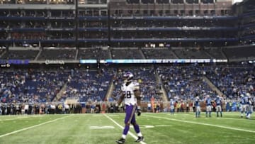 Oct 25, 2015; Detroit, MI, USA; Minnesota Vikings running back Adrian Peterson (28) walks off the field during the fourth quarter against the Detroit Lions at Ford Field. The Vikings won 28-19. Mandatory Credit: Tim Fuller-USA TODAY Sports