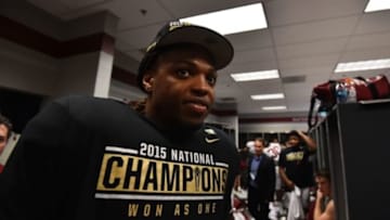 Jan 11, 2016; Glendale, AZ, USA; Alabama Crimson Tide running back Derrick Henry (2) in the locker room after beating the Clemson Tigers in the 2016 CFP National Championship at University of Phoenix Stadium. Mandatory Credit: Joe Camporeale-USA TODAY Sports