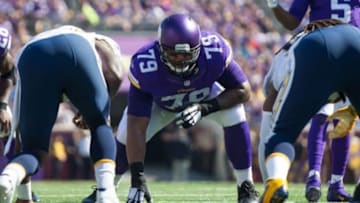 Sep 27, 2015; Minneapolis, MN, USA; Minnesota Vikings offensive lineman Mike Harris (79) in the first quarter against the San Diego Chargers at TCF Bank Stadium. Mandatory Credit: Brad Rempel-USA TODAY Sports