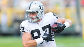 Aug 22, 2014; Green Bay, WI, USA; Oakland Raiders tight end Brian Leonhardt (87) during warmups prior to the game against the Green Bay Packers at Lambeau Field. Mandatory Credit: Jeff Hanisch-USA TODAY Sports
