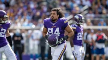 Sep 20, 2015; Minneapolis, MN, USA; Minnesota Vikings defensive end Justin Trattou (94) gets ready to play the Detroit Lions in the second quarter at TCF Bank Stadium. The Vikings win 26-16. Mandatory Credit: Bruce Kluckhohn-USA TODAY Sports