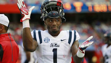Oct 3, 2015; Gainesville, FL, USA; Mississippi Rebels wide receiver Laquon Treadwell (1) does the gator chomp prior to the game at Ben Hill Griffin Stadium. Mandatory Credit: Kim Klement-USA TODAY Sports