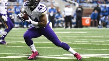 Oct 25, 2015; Detroit, MI, USA; Minnesota Vikings running back Matt Asiata (44) runs the ball during the game against the Detroit Lions at Ford Field. Mandatory Credit: Tim Fuller-USA TODAY Sports