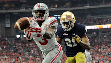 Jan 1, 2016; Glendale, AZ, USA; Ohio State Buckeyes wide receiver Michael Thomas (3) is unable to catch a pass against Notre Dame Fighting Irish cornerback Nick Watkins (21) during the second half of the 2016 Fiesta Bowl at University of Phoenix Stadium. Mandatory Credit: Joe Camporeale-USA TODAY Sports