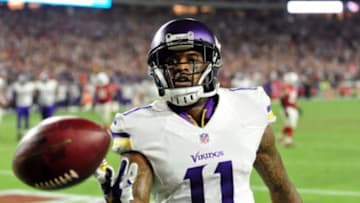 Dec 10, 2015; Glendale, AZ, USA; Minnesota Vikings wide receiver Mike Wallace (11) celebrates after scoring a 7 yard touchdown during the second half against the Arizona Cardinals at University of Phoenix Stadium. Mandatory Credit: Matt Kartozian-USA TODAY Sports