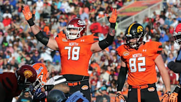 Jan 30, 2016; Mobile, AL, USA; North squad offensive tackle Jason Spriggs of Indiana (78) and tight end Henry Krieger-Coble of Iowa (82) in the second half of the Senior Bowl at Ladd-Peebles Stadium. Mandatory Credit: Chuck Cook-USA TODAY Sports