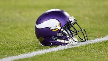 Jan 3, 2016; Green Bay, WI, USA; An Minnesota Vikings helmet during warmups prior to the game against the Green Bay Packers at Lambeau Field. Minnesota won 20-13. Mandatory Credit: Jeff Hanisch-USA TODAY Sports