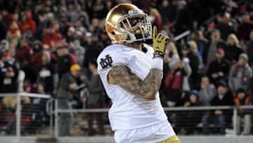 November 28, 2015; Stanford, CA, USA; Notre Dame Fighting Irish wide receiver Will Fuller (7) celebrates after scoring a touchdown against Stanford Cardinal during the XXXX half at Stanford Stadium. Mandatory Credit: Gary A. Vasquez-USA TODAY Sports