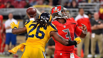 Dec 17, 2015; St. Louis, MO, USA; St. Louis Rams outside linebacker Mark Barron (26) pressures Tampa Bay Buccaneers quarterback Jameis Winston (3) during the second half at the Edward Jones Dome. Mandatory Credit: Jasen Vinlove-USA TODAY Sports