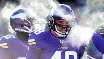 Jan 10, 2016; Minneapolis, MN, USA; Minnesota Vikings fullback Zach Line (48) walks off the field in the first half of a NFC Wild Card playoff football game against the Seattle Seahawks at TCF Bank Stadium. Mandatory Credit: Brad Rempel-USA TODAY Sports