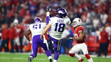 Dec 10, 2015; Glendale, AZ, USA; Minnesota Vikings punter Jeff Locke (18) against the Arizona Cardinals at University of Phoenix Stadium. The Cardinals defeated the Vikings 23-20. Mandatory Credit: Mark J. Rebilas-USA TODAY Sports