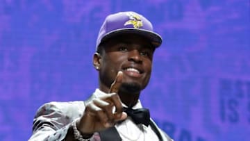 Apr 28, 2016; Chicago, IL, USA; Laquon Treadwell (Mississippi) after being selected by the Minnesota Vikings as the number twenty-three overall pick in the first round of the 2016 NFL Draft at Auditorium Theatre. Mandatory Credit: Kamil Krzaczynski-USA TODAY Sports