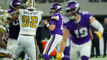 MINNEAPOLIS, MN - OCTOBER 28: Kirk Cousins #8 of the Minnesota Vikings drops back to pass the ball in the fourth quarter of the game against the New Orleans Saints at U.S. Bank Stadium on October 28, 2018 in Minneapolis, Minnesota. (Photo by Adam Bettcher/Getty Images)