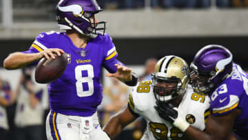 MINNEAPOLIS, MN - OCTOBER 28: Minnesota Vikings Quarterback Kirk Cousins (8) makes a pass during an NFL game between the Minnesota Vikings and New Orleans Saints on October 28, 2018 at U.S. Bank Stadium in Minneapolis, Minnesota. The Saints defeated the Vikings 30-20.(Photo by Nick Wosika/Icon Sportswire via Getty Images)