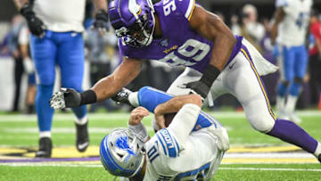 MINNEAPOLIS, MN - DECEMBER 08: Minnesota Vikings Defensive End Danielle Hunter (99) sacks Detroit Lions Quarterback David Blough (10) during a game between the Detroit Lions and Minnesota Vikings on December 8, 2019 at U.S. Bank Stadium in Minneapolis, MN.(Photo by Nick Wosika/Icon Sportswire via Getty Images)