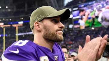 MINNEAPOLIS, MINNESOTA - NOVEMBER 17: Kirk Cousins #8 of the Minnesota Vikings celebrates a 27-23 win against the Denver Broncos at U.S. Bank Stadium on November 17, 2019 in Minneapolis, Minnesota. (Photo by Hannah Foslien/Getty Images)