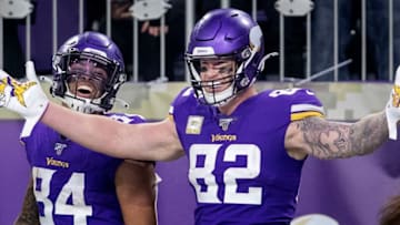 MINNEAPOLIS, MN - NOVEMBER 17: Kyle Rudolph (82) of the Minnesota Vikings celebrated after scoring touchdown in the fourth quarter against the Denver Broncos during an NFL football game at U.S. Bank Stadium on Sunday, November 17, 2019 in Minneapolis, Minnesota. (Photo by Carlos Gonzalez/Star Tribune via Getty Images)