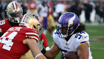 SANTA CLARA, CA - JANUARY 11: Minnesota Vikings Linebacker Eric Kendricks (54) intercepts a pass during an NFC Divisional Playoff game between the San Francisco 49ers and the Minnesota Vikings on January 11, 2020, at Levi's Stadium in Santa Clara, California. (Photo by Kiyoshi Mio/Icon Sportswire via Getty Images)