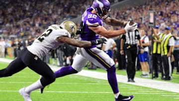 MINNEAPOLIS, MN - SEPTEMBER 11: Kyle Rudolph #82 of the Minnesota Vikings catches the ball for a 15 yard touchdown in the fourth quarter of the game against the New Orleans Saints on September 11, 2017 at U.S. Bank Stadium in Minneapolis, Minnesota. (Photo by Adam Bettcher/Getty Images)