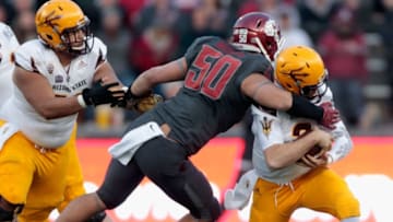 PULLMAN, WA - NOVEMBER 07: Mike Bercovici #2 of the Arizona State Sun Devils is sacked by Hercules Mata'afa #50 of the Washington State Cougars in the second half at Martin Stadium on November 7, 2015 in Pullman, Washington. Washington State defeated Arizona State 38-24. (Photo by William Mancebo/Getty Images)