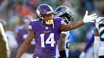 MINNEAPOLIS, MN - JANUARY 10: Stefon Diggs #14 of the Minnesota Vikings gestures in the first half against the Seattle Seahawks during the NFC Wild Card Playoff game at TCFBank Stadium on January 10, 2016 in Minneapolis, Minnesota. (Photo by Hannah Foslien/Getty Images)
