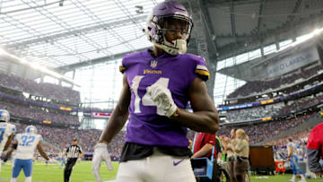 MINNEAPOLIS, MN - OCTOBER 1: Stefon Diggs #14 of the Minnesota Vikings on the sideline after a first down catch in the second half of the game against the Detroit Lions on October 1, 2017 at U.S. Bank Stadium in Minneapolis, Minnesota. (Photo by Adam Bettcher/Getty Images)