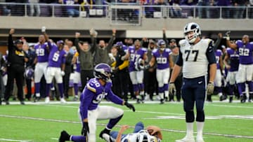 MINNEAPOLIS, MN - NOVEMBER 19: Tashawn Bower #90 of the Minnesota Vikings sacks Jared Goff #16 of the Los Angeles Rams at the end of the fourth quarter of the game on November 19, 2017 at U.S. Bank Stadium in Minneapolis, Minnesota. (Photo by Hannah Foslien/Getty Images)