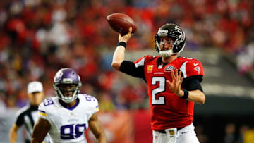 ATLANTA, GA - NOVEMBER 29: Matt Ryan #2 of the Atlanta Falcons throws a pass during the second half against the Minnesota Vikings at the Georgia Dome on November 29, 2015 in Atlanta, Georgia. (Photo by Kevin C. Cox/Getty Images)
