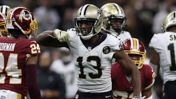 NEW ORLEANS, LA - OCTOBER 08: Michael Thomas #13 of the New Orleans Saints reacts during the second half against the Washington Redskins at Mercedes-Benz Superdome on October 8, 2018 in New Orleans, Louisiana. (Photo by Chris Graythen/Getty Images)