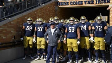 SOUTH BEND, IN - OCTOBER 13: Head coach Brian Kelly of the Notre Dame Fighting Irish stands in the tunnel in front of his team before the game against the Pittsburgh Panthers at Notre Dame Stadium on October 13, 2018 in South Bend, Indiana. (Photo by Quinn Harris/Getty Images)