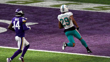 MINNEAPOLIS, MN - DECEMBER 16: Minkah Fitzpatrick #29 of the Miami Dolphins runs with the ball after intercepting a pass by Kirk Cousins #8 of the Minnesota Vikings in the second quarter of the game at U.S. Bank Stadium on December 16, 2018 in Minneapolis, Minnesota. Fitzpatrick scored a 50 yard touchdown on the play. (Photo by Hannah Foslien/Getty Images)