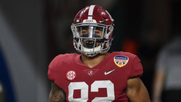 MIAMI GARDENS, FL - DECEMBER 29: Alabama tight end Irv Smith Jr. (82) enters the field prior to the start of the CFP Semifinal at the Orange Bowl between Alabama Crimson Tide and the Oklahoma Sooners on December 29, 2018, at Hard Rock Stadium in Miami Gardens, FL. (Photo by Roy K. Miller/Icon Sportswire via Getty Images)