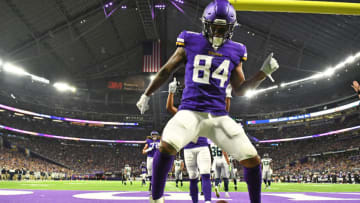 MINNEAPOLIS, MN - AUGUST 18: Minnesota Vikings tight end Irv Smith Jr. (84) celebrates his 2nd quarter touchdown reception during a preseason game between the Seattle Seahawks and Minnesota Vikings on August 18, 2019 at U.S. Bank Stadium in Minneapolis, MN(Photo by Nick Wosika/Icon Sportswire via Getty Images)