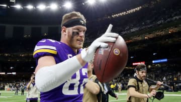 NEW ORLEANS, LOUISIANA - JANUARY 05: Kyle Rudolph #82 of the Minnesota Vikings celebrates after defeating the New Orleans Saints 26-20 during overtime in the NFC Wild Card Playoff game at Mercedes Benz Superdome on January 05, 2020 in New Orleans, Louisiana. (Photo by Chris Graythen/Getty Images)