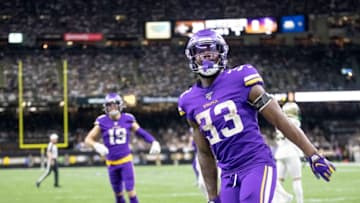 New Orleans, LA January 5: Minnesota Vikings running back Dalvin Cook celebrated after he ran the ball into the end zone for a touchdown in the second quarter. (Photo by Elizabeth Flores /Star Tribune via Getty Images)