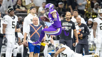 New Orleans, LA January 5: New Orleans Saints quarterback Teddy Bridgewater, left, watched as Minnesota Vikings running back Alexander Mattison hurdled over New Orleans Saints free safety Marcus Williams in the first quarter. (Photo by Elizabeth Flores /Star Tribune via Getty Images)